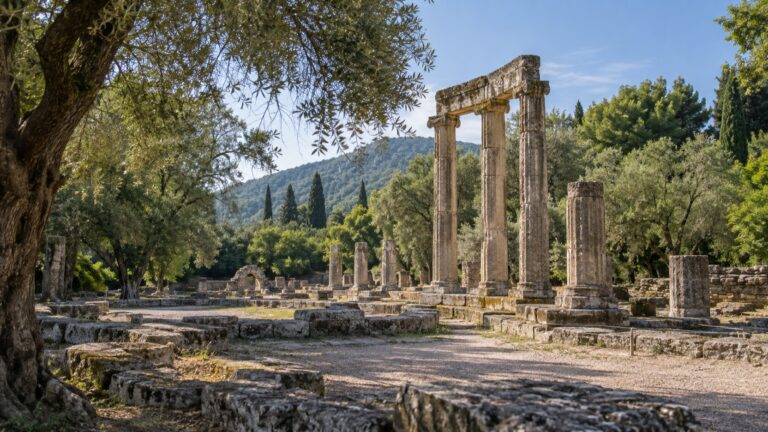 Stone columns and ruins among trees at ancient Olympia