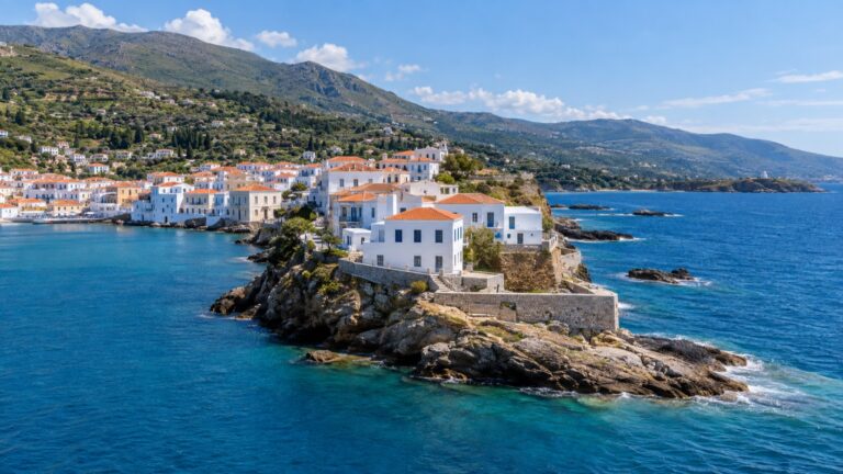 Andros Chora town on a narrow Aegean peninsula