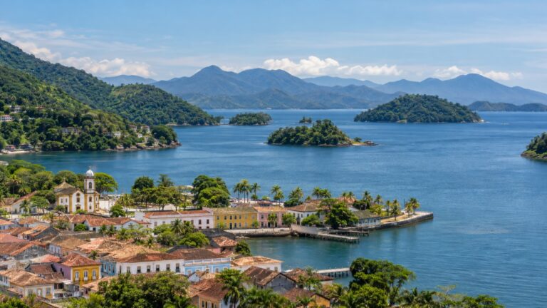 Angra dos Reis bay with green Costa Verde hills and island coastline