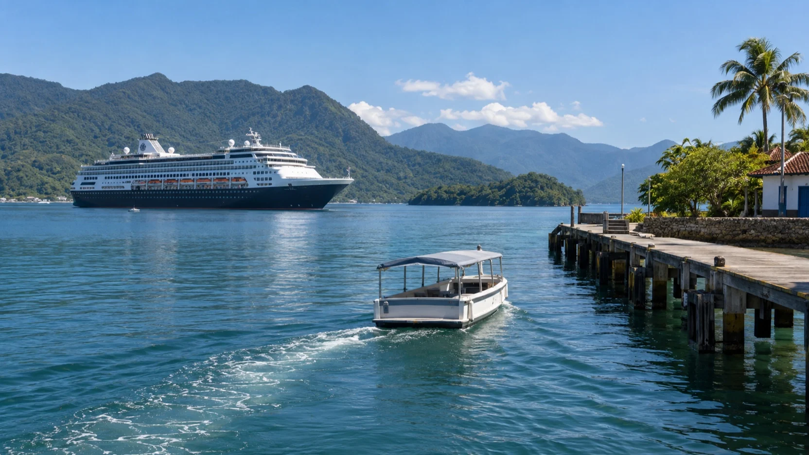 Tender boat approaching the pier from a cruise ship in Angra dos Reis bay
