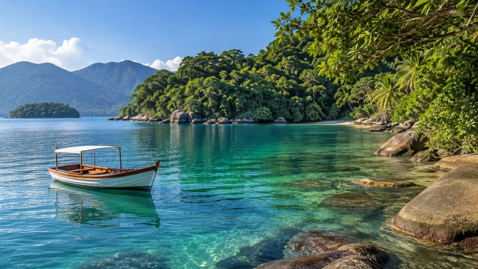 Small boat in a forest-fringed island cove near Angra dos Reis
