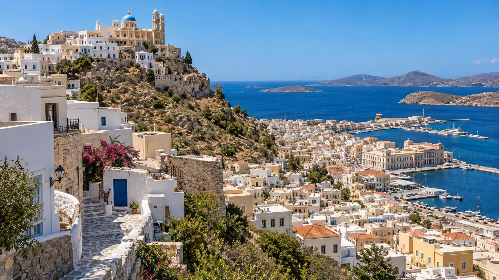 Whitewashed Ano Syros village above Ermoupoli and the Aegean