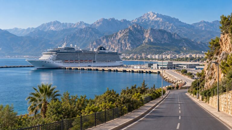 Cruise ship at Antalya port beneath the Taurus Mountains