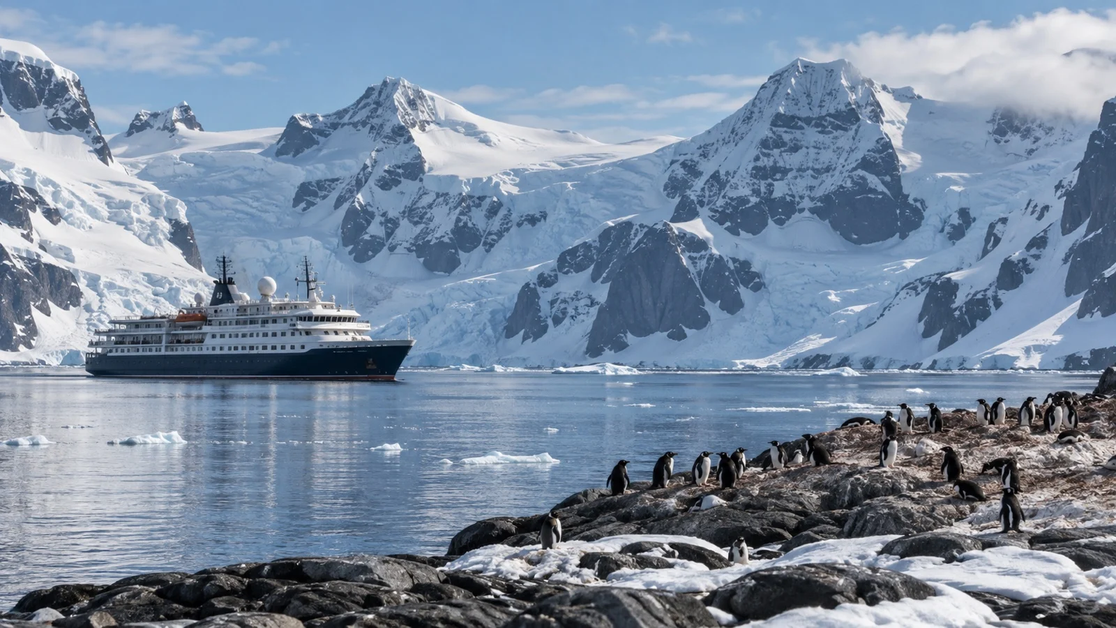 Single expedition ship near Antarctic landing site