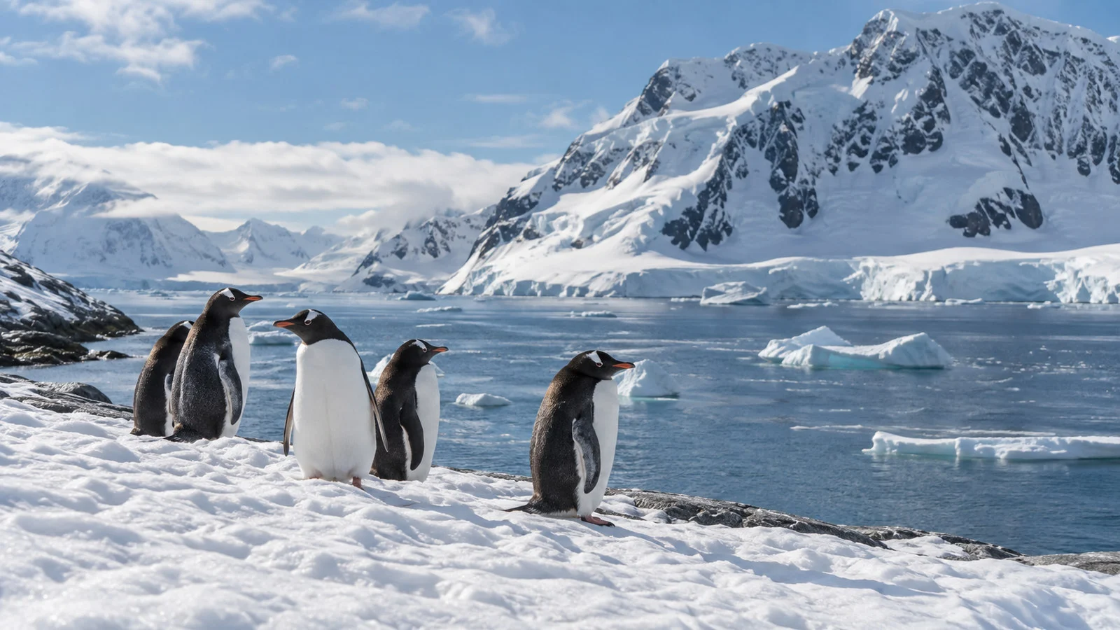 Penguins on snowy Antarctic shoreline
