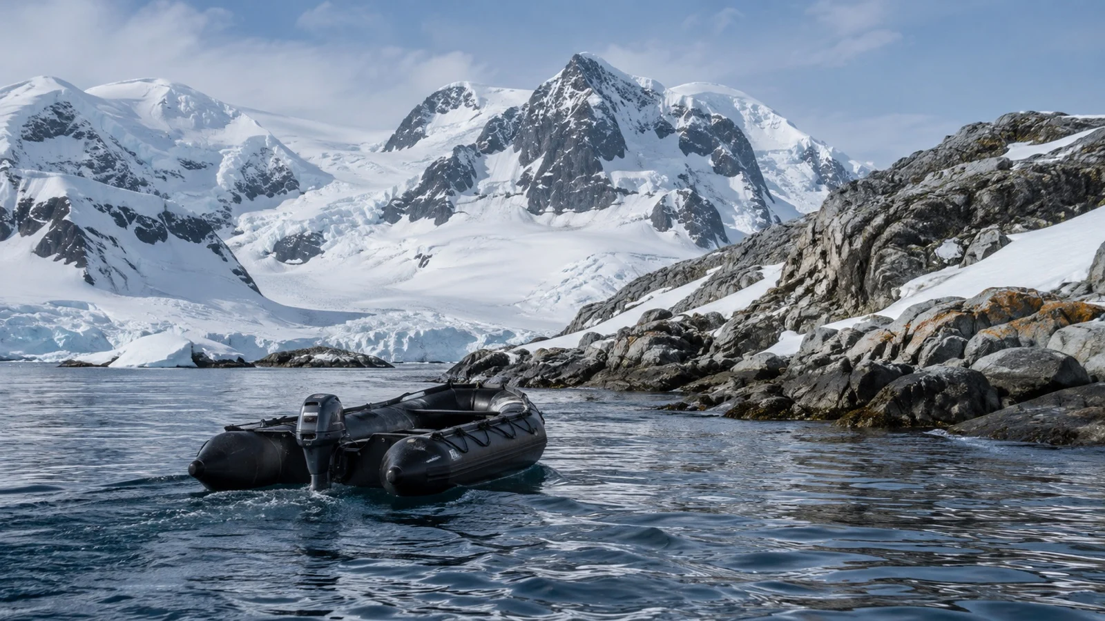 Empty Zodiac boat approaching Antarctic shore