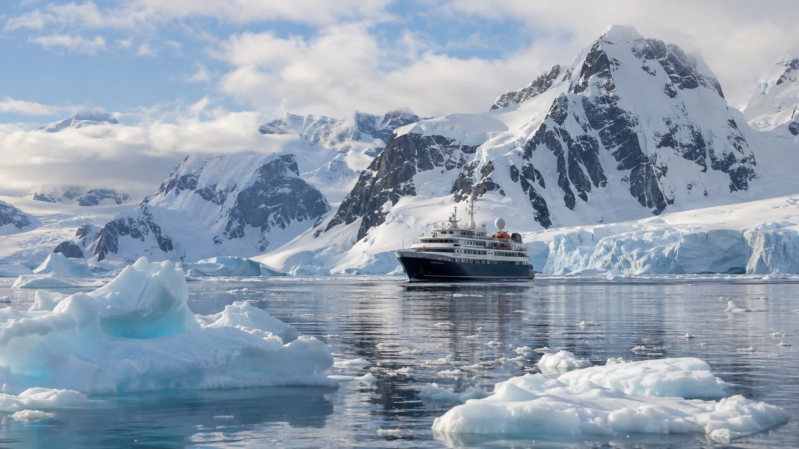 Small expedition cruise ship among Antarctic icebergs