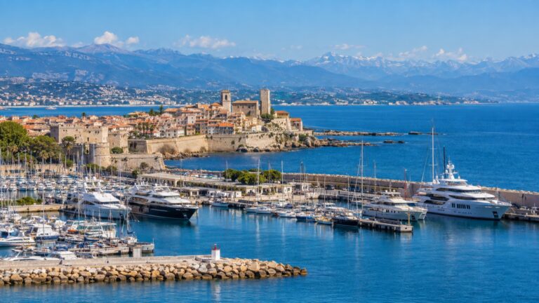 Yachts in Port Vauban beside Antibes old town ramparts