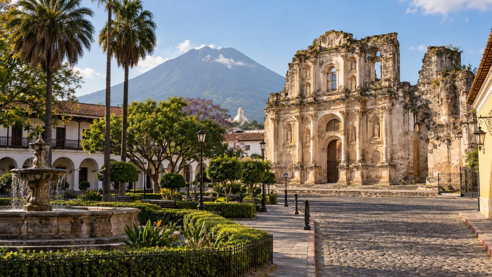 Cathedral ruins and stone arches in Antigua Guatemala