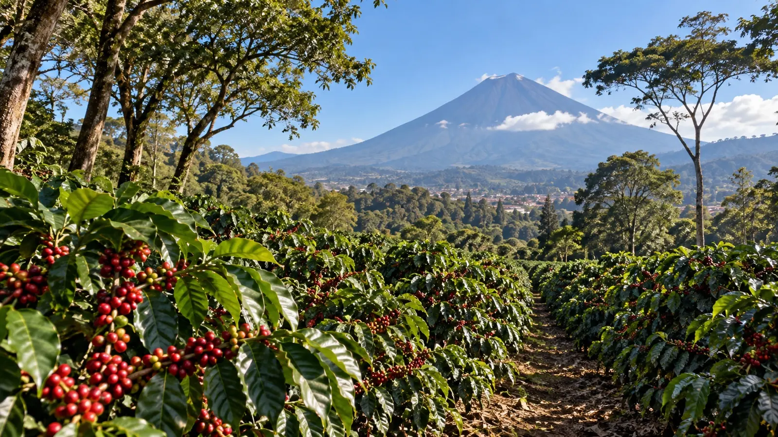Coffee shrubs beneath shade trees near Antigua Guatemala