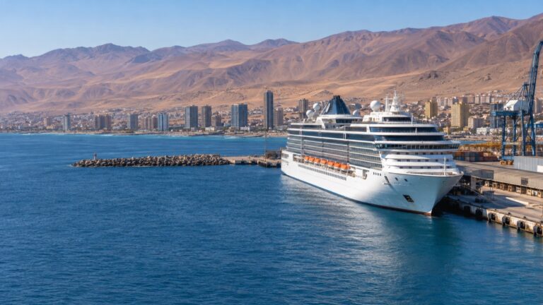 A cruise ship at Antofagasta's waterfront with Atacama desert hills behind