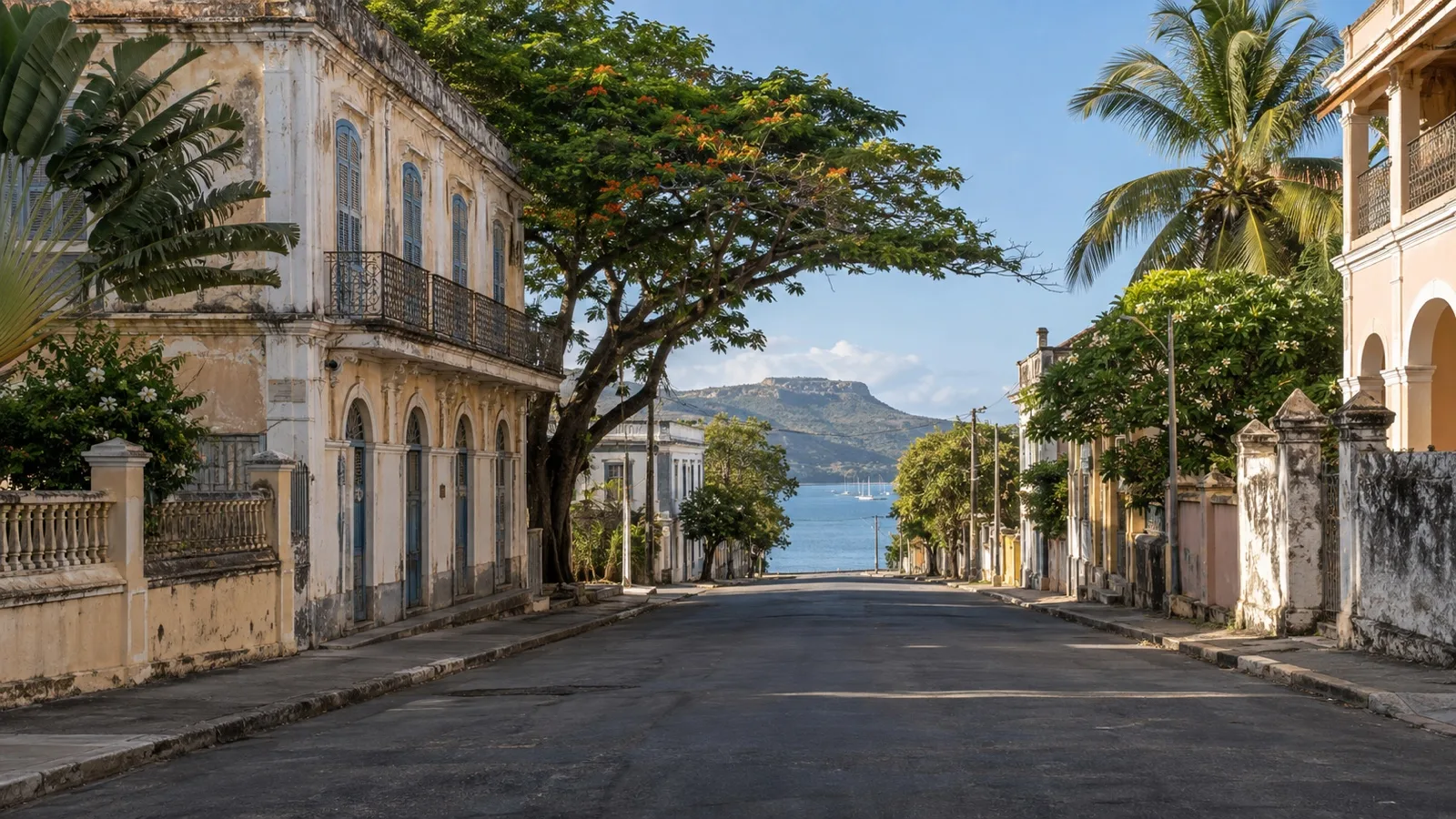Quiet colonial-era street in Antsiranana leading toward the bay