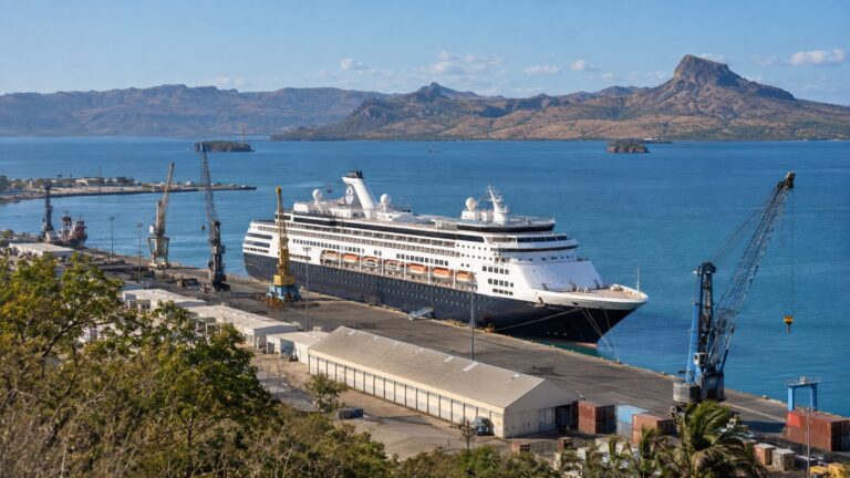 Cruise ship berthed in the working harbor at Antsiranana, Madagascar