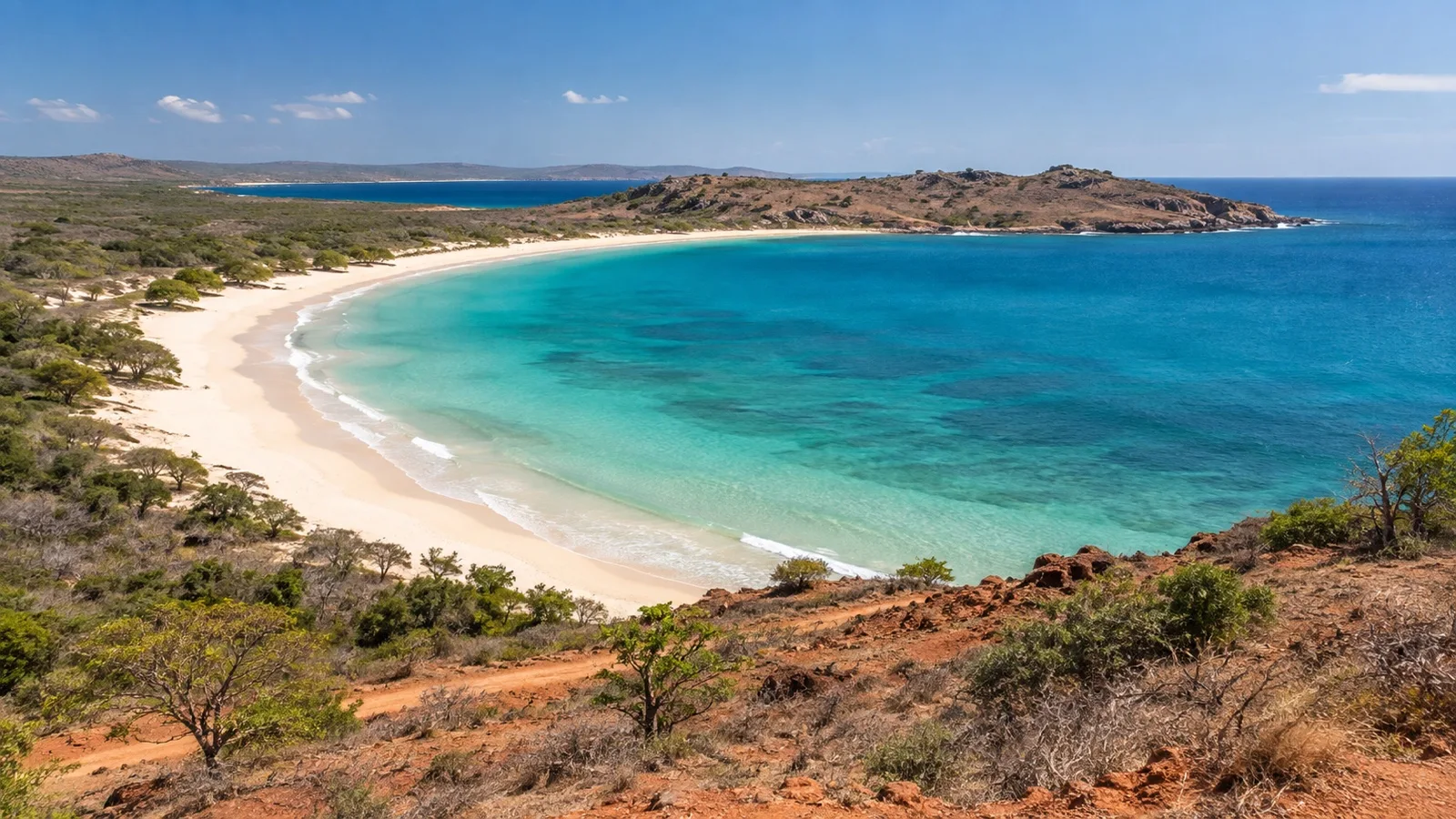 Turquoise water and sandy coastline of the Three Bays near Antsiranana
