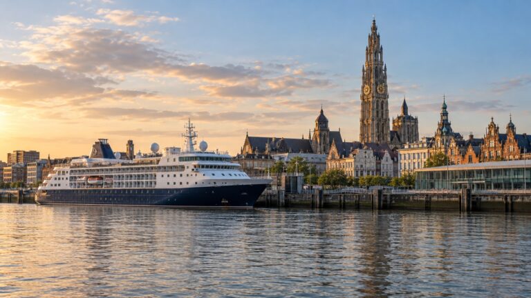 Cruise ship on Antwerp's Scheldt River near the historic center