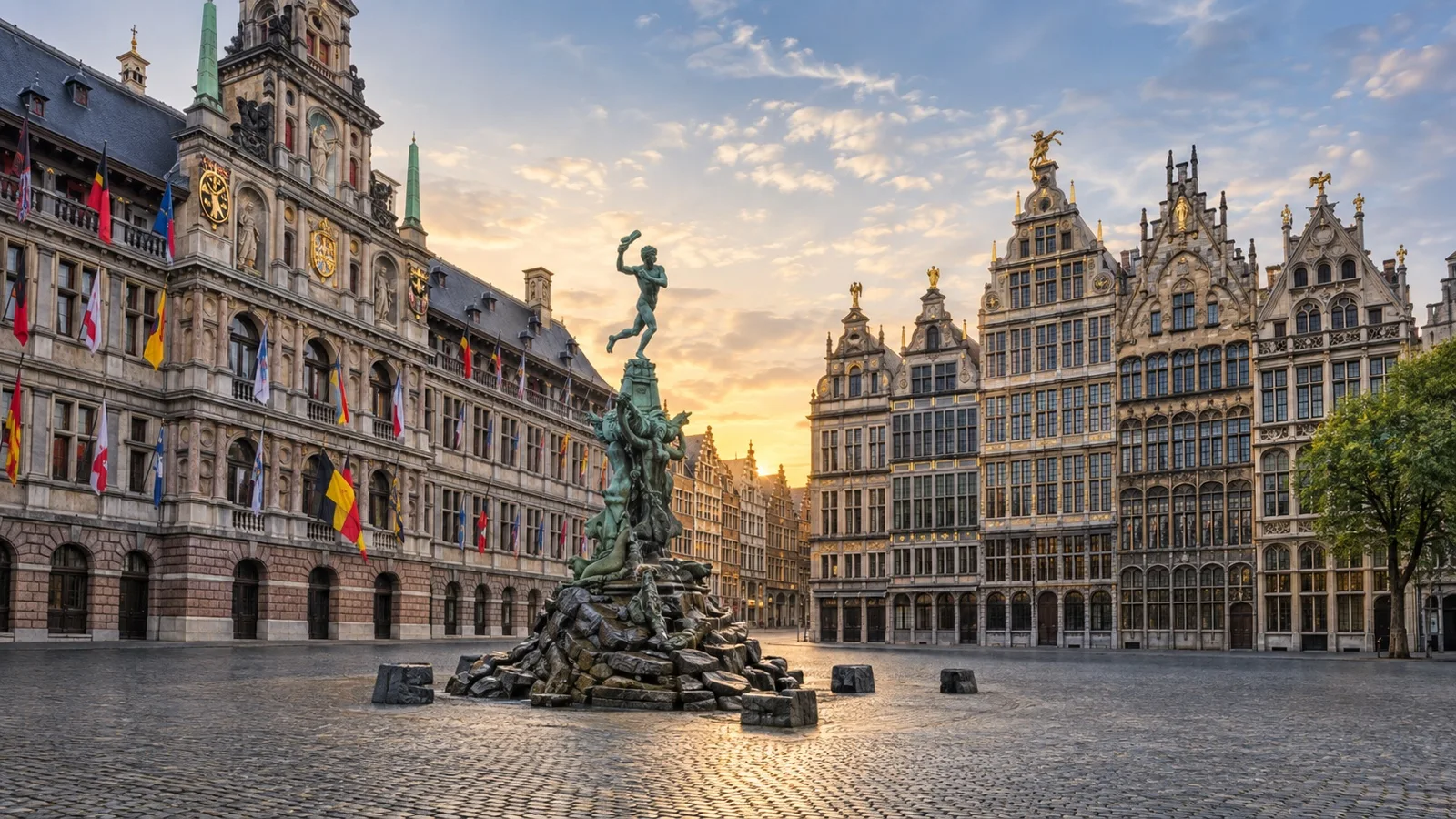 Ornate guildhalls and town hall at Antwerp's Grote Markt