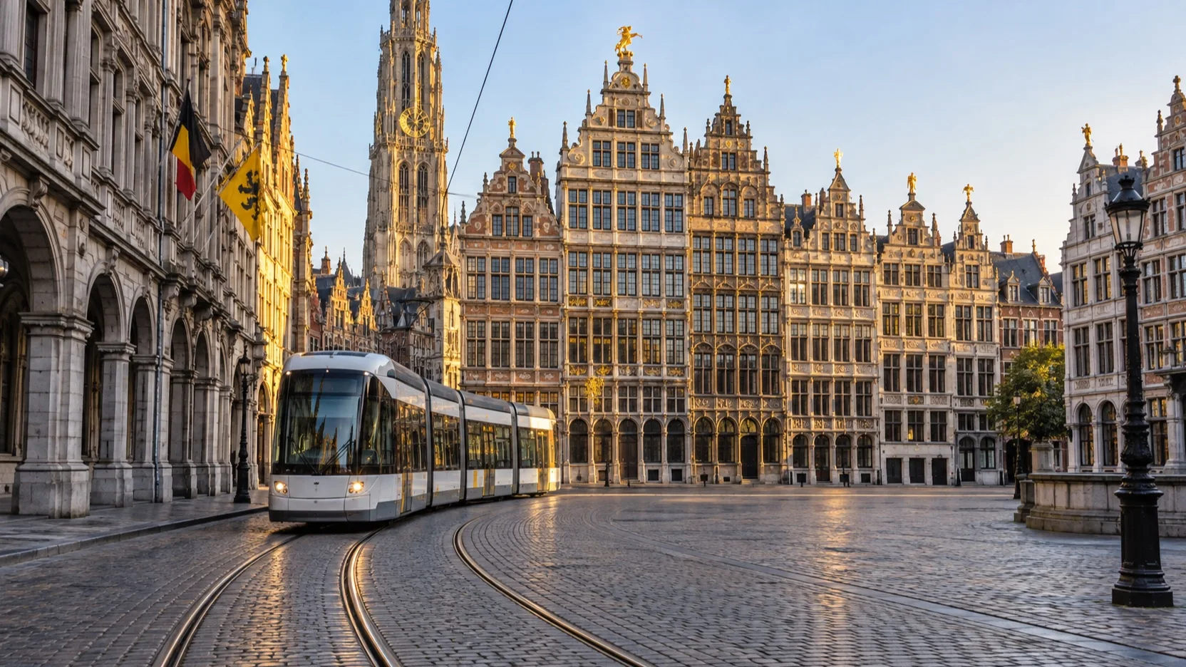 Tram crossing an empty Antwerp square near historic guild houses