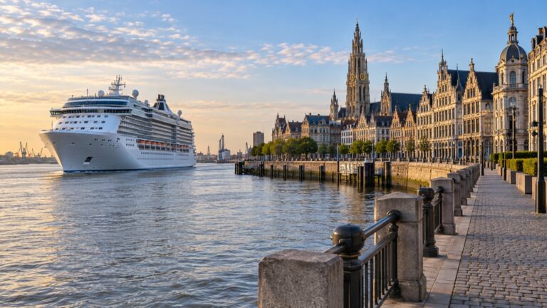 Cruise ship on the Scheldt beside Antwerp's historic waterfront
