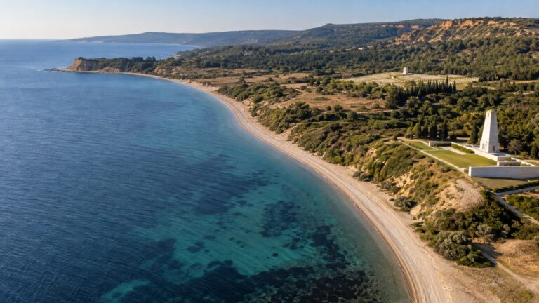 Aerial view of Anzac Cove and Gallipoli memorial coastline