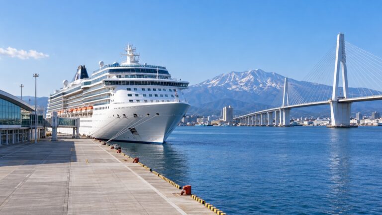 Cruise ship at Aomori port with the bay bridge and mountains