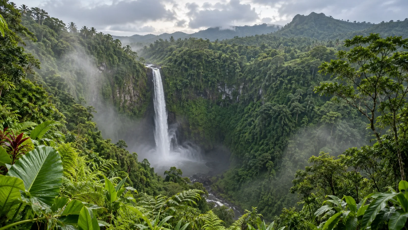 Papapapaitai Falls dropping into a green Samoa gorge