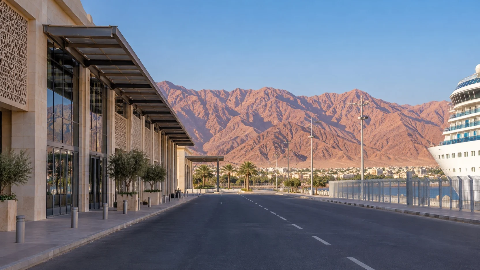 Empty road from Aqaba's cruise terminal toward desert mountains
