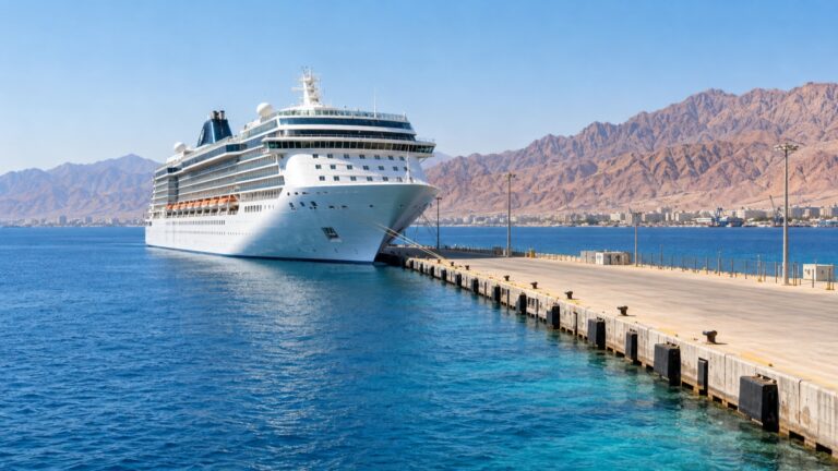 Cruise ship at Aqaba port beside the Red Sea and Jordanian mountains