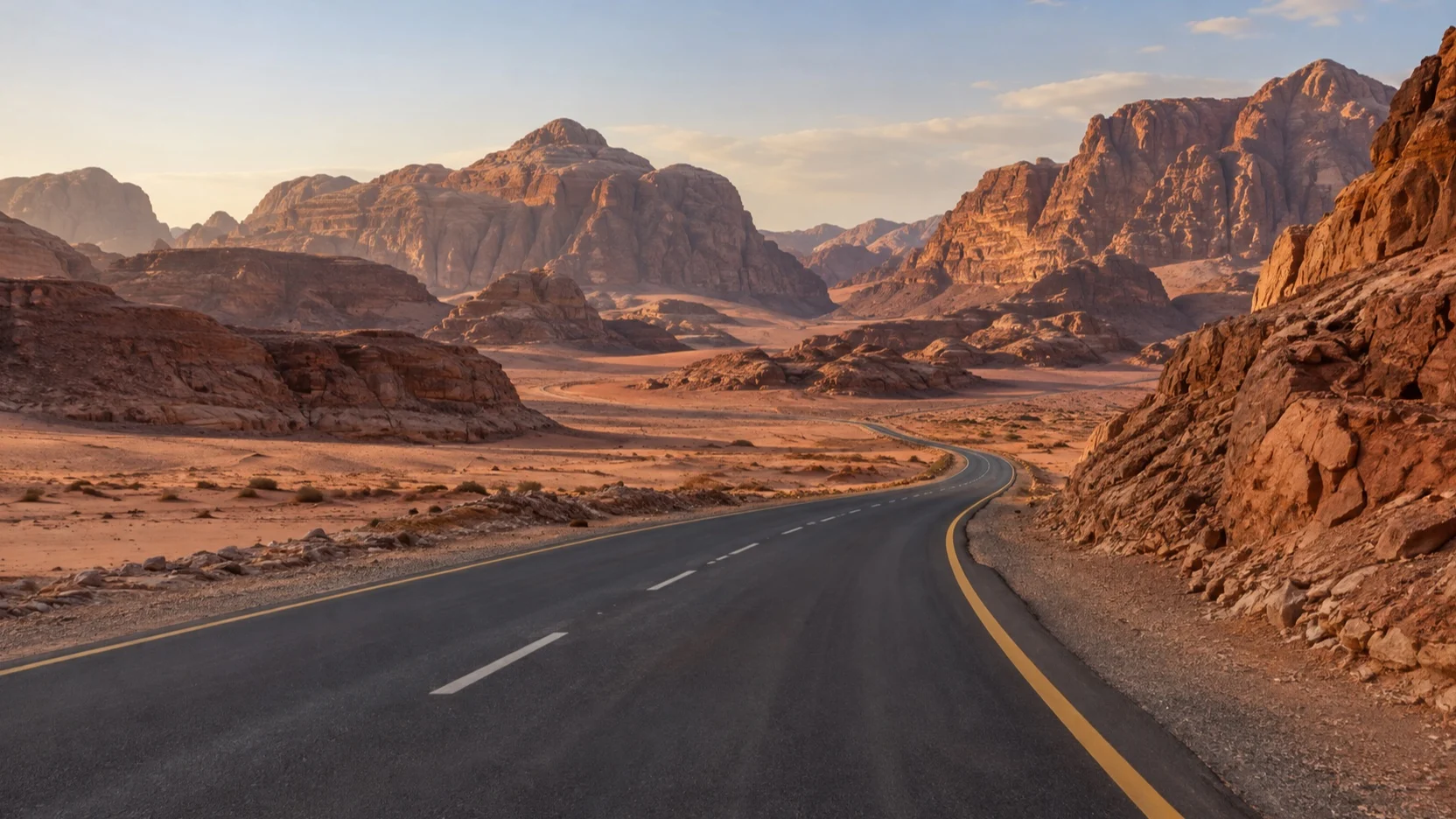 Empty desert road from Aqaba toward Petra in Jordan