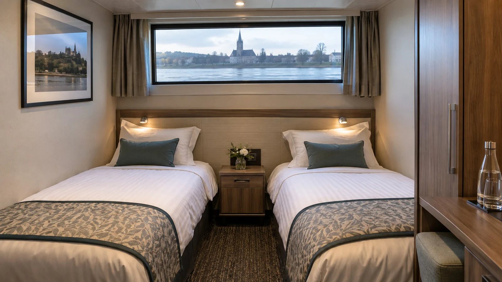 a tidy lower-deck river ship cabin with twin beds and a small high window, realistic modest furnishings