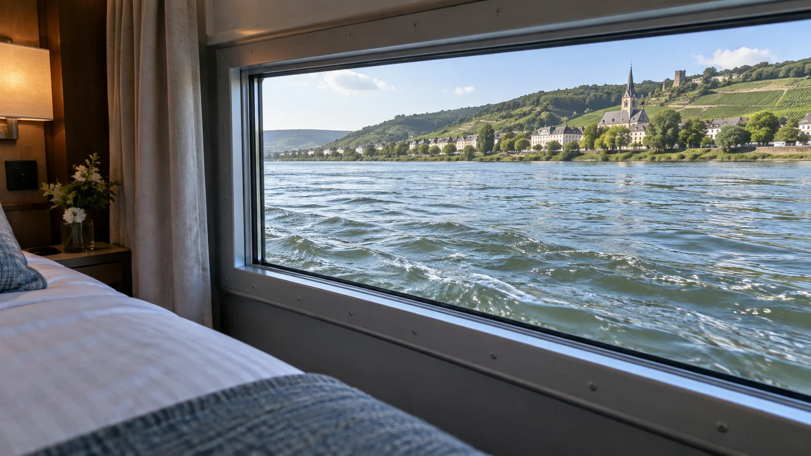 close view of a small fixed waterline cabin window on a river cruise ship with rippling river water outside