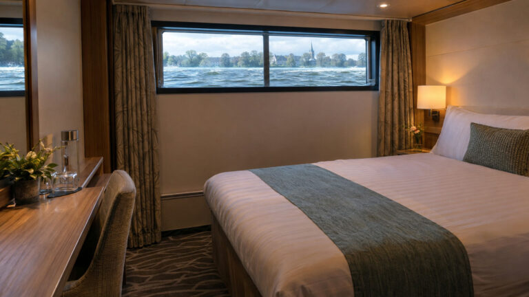 interior of a compact lower-deck river cruise cabin with a narrow high fixed window showing waterline close to the glass
