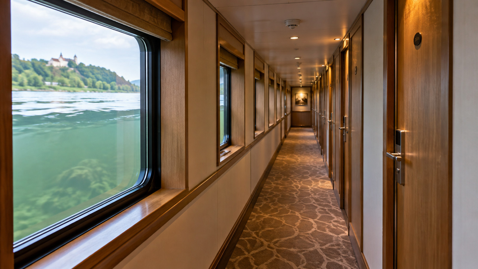 interior river cruise cabin corridor on a lower deck, with doors and soft lighting, no passengers