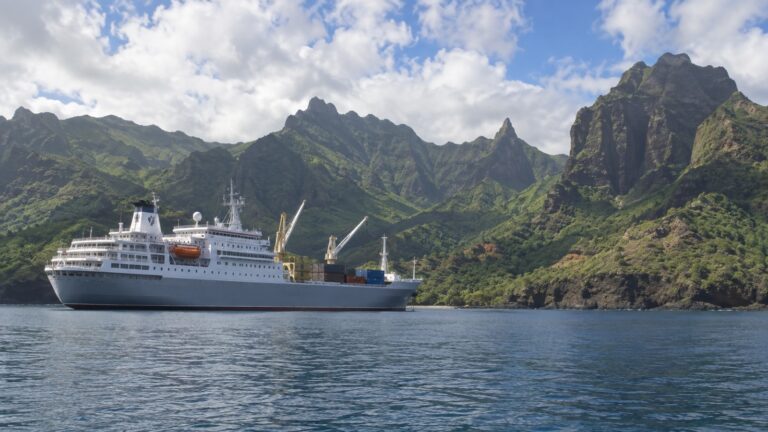 Cargo-passenger cruise ship in Marquesas Islands