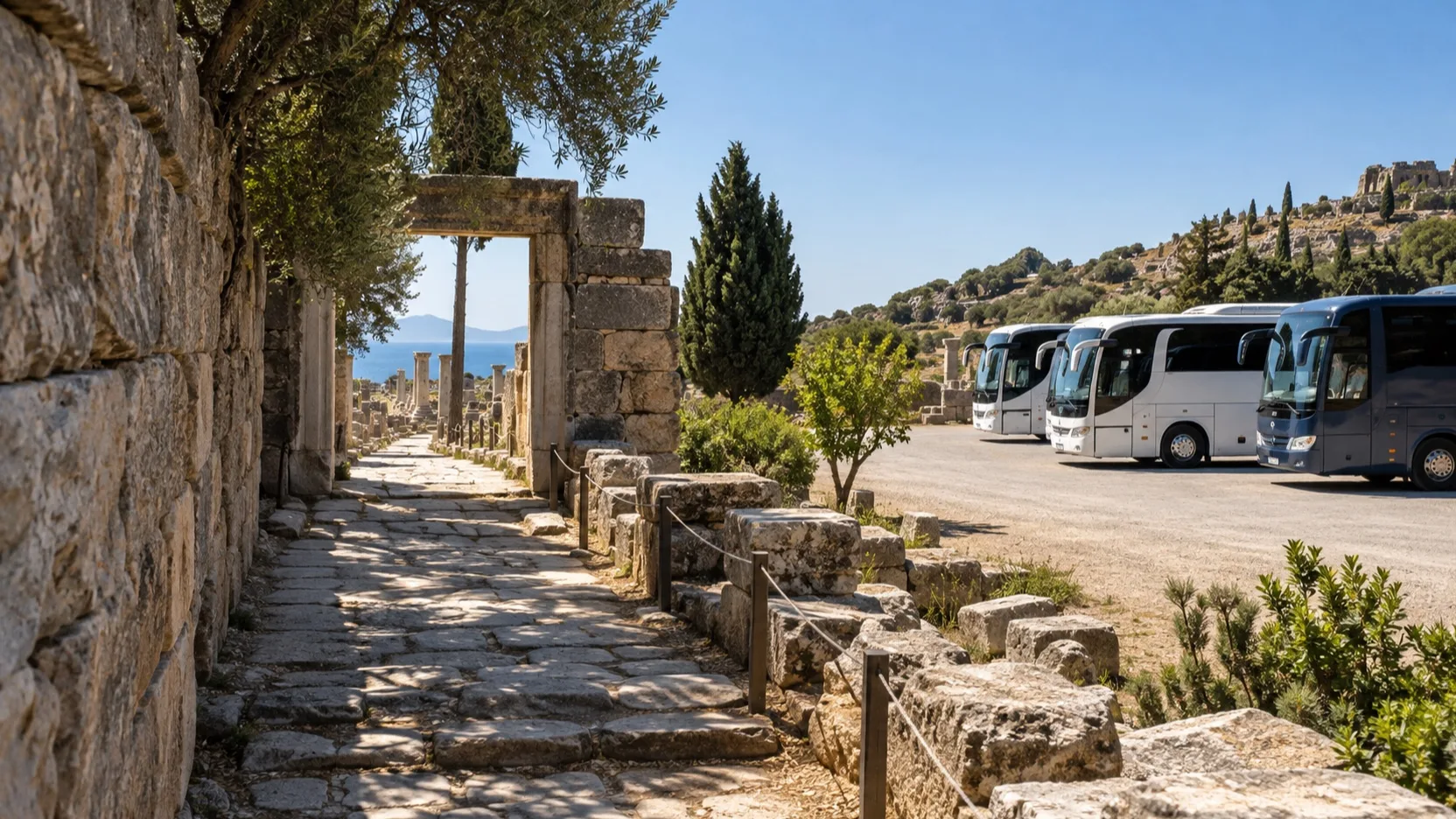 Narrow entrance path to ancient ruins with tour buses nearby
