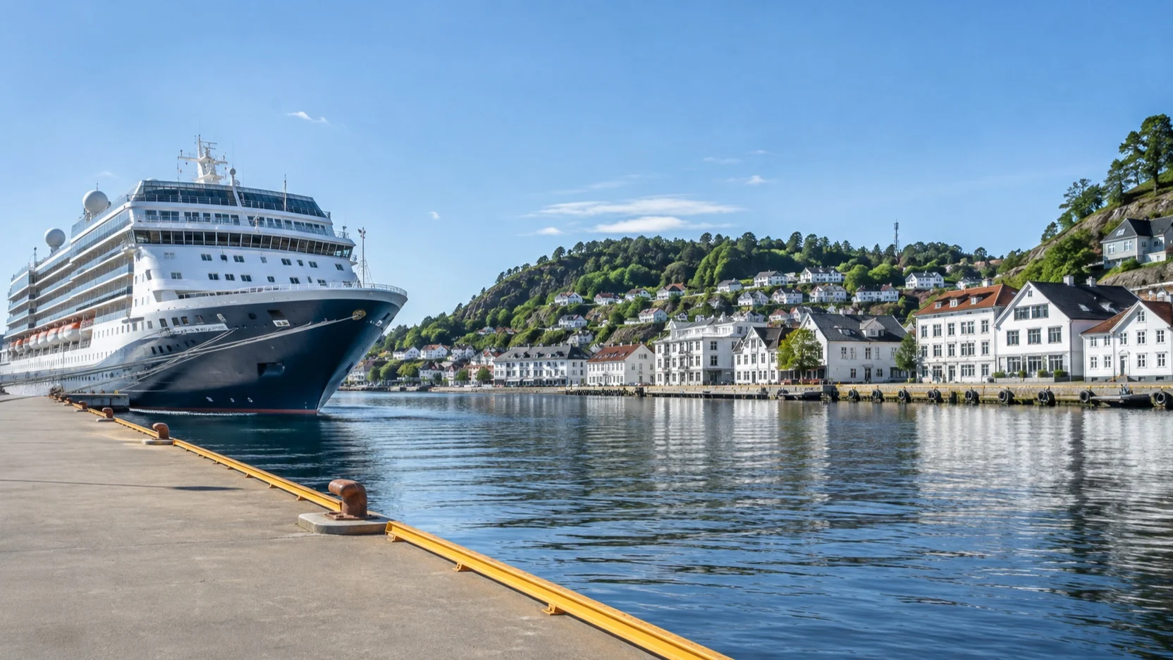 Cruise ship at the quay beside Arendal’s white waterfront buildings