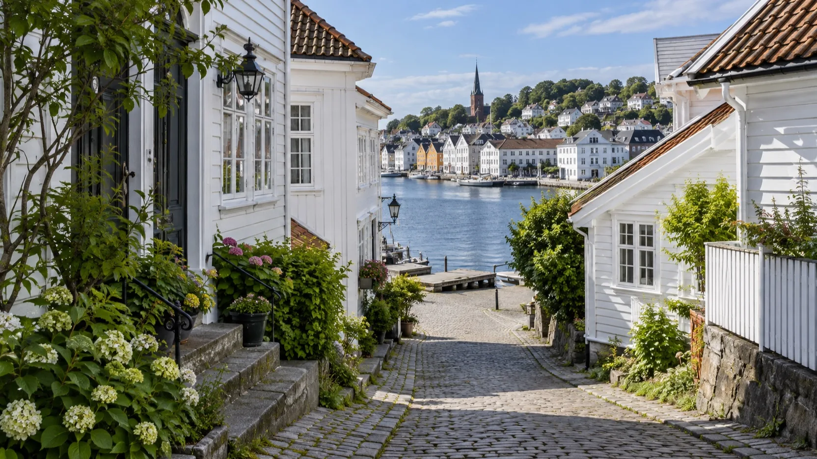 Narrow street of white wooden houses leading down to Arendal harbor