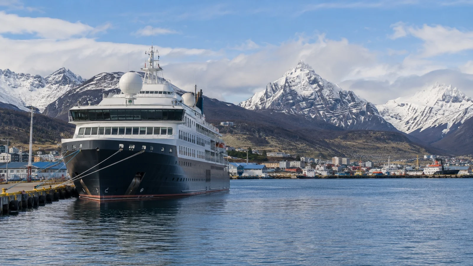 Expedition cruise ship at Ushuaia harbor