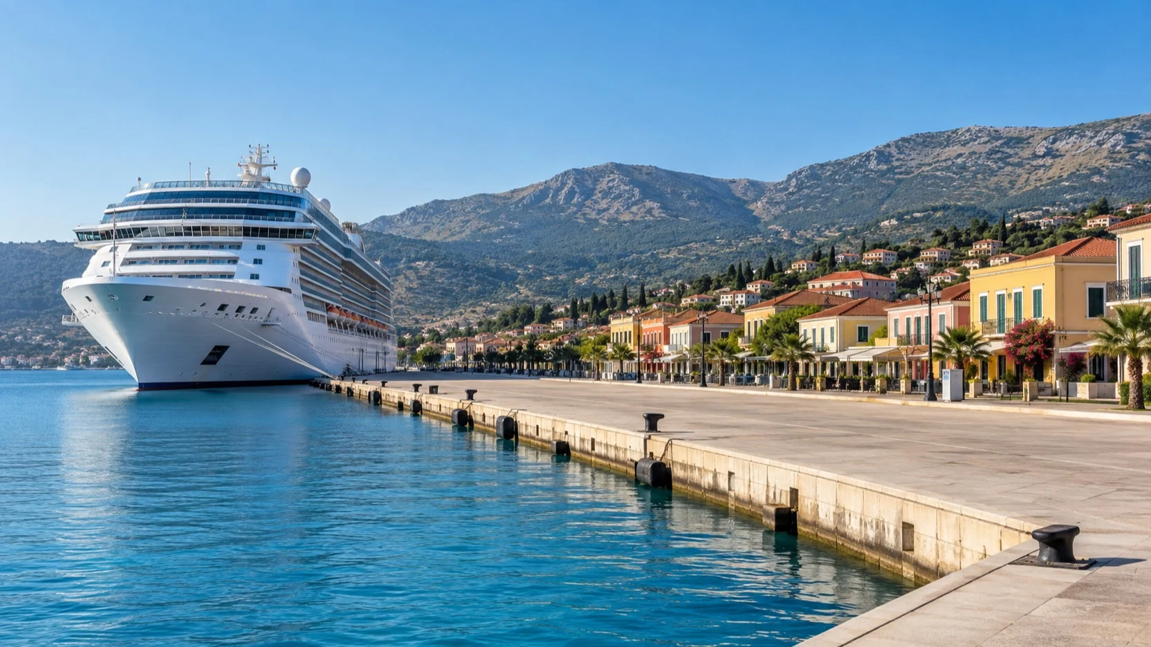 Cruise ship docked beside the Argostoli waterfront on Kefalonia