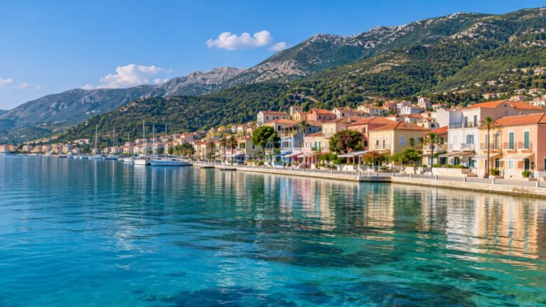 Argostoli harbor and colorful waterfront on Kefalonia, Greece