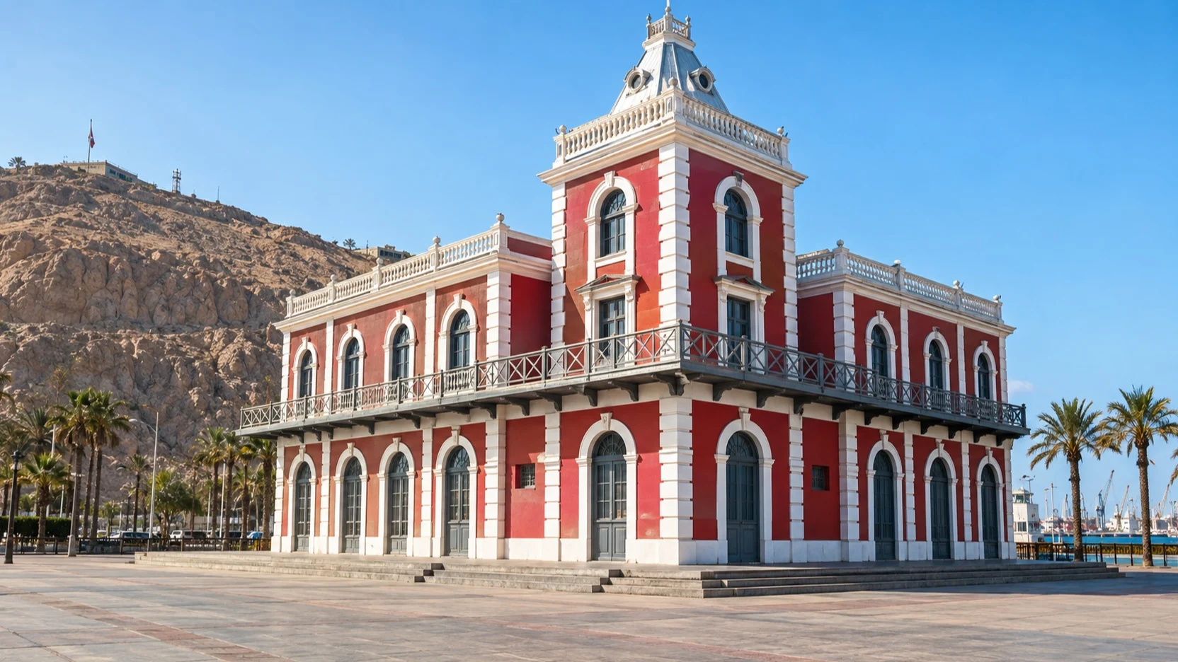 The historic red and white former Customs House in Arica