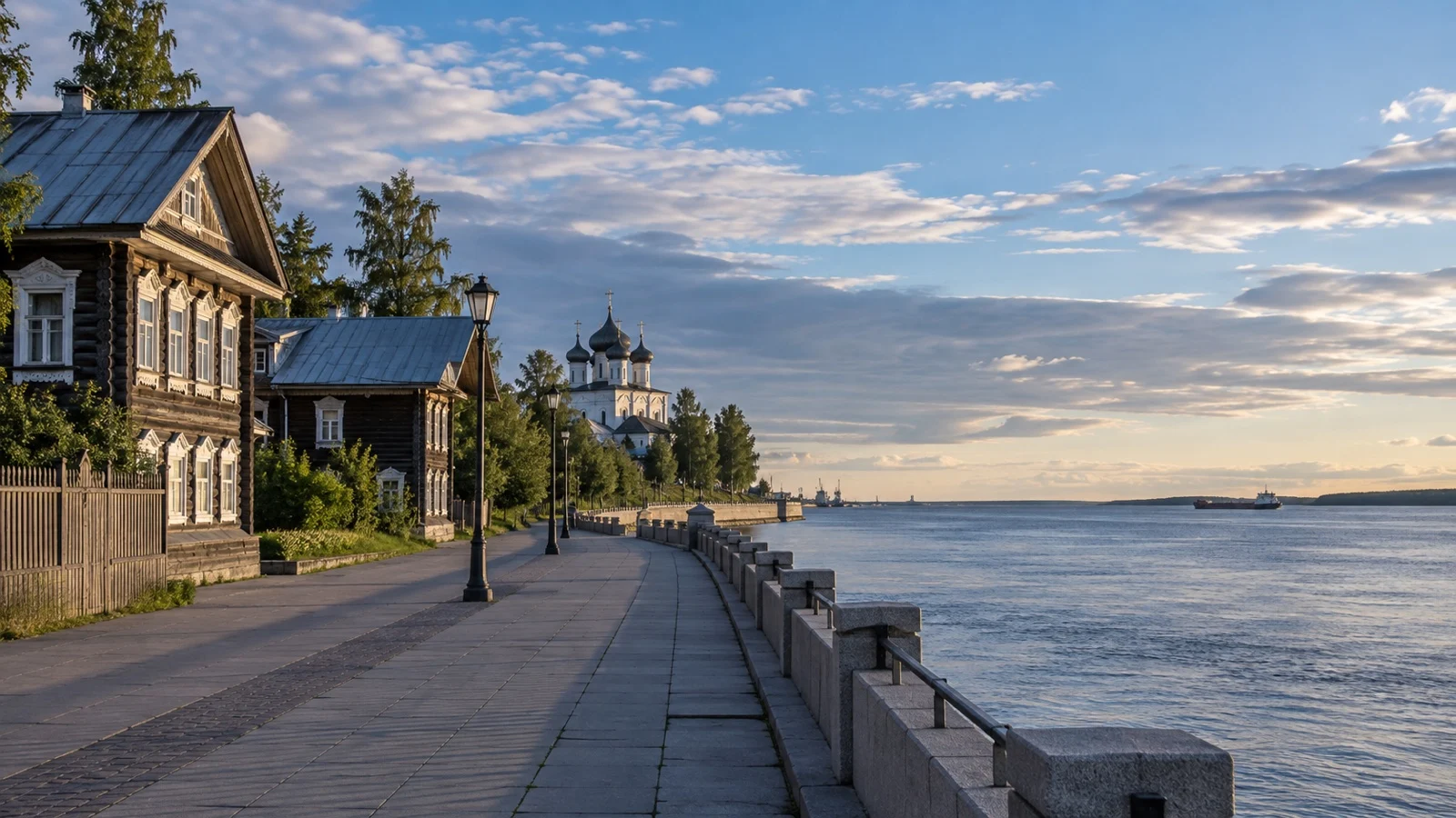 Quiet Northern Dvina River embankment in Arkhangelsk