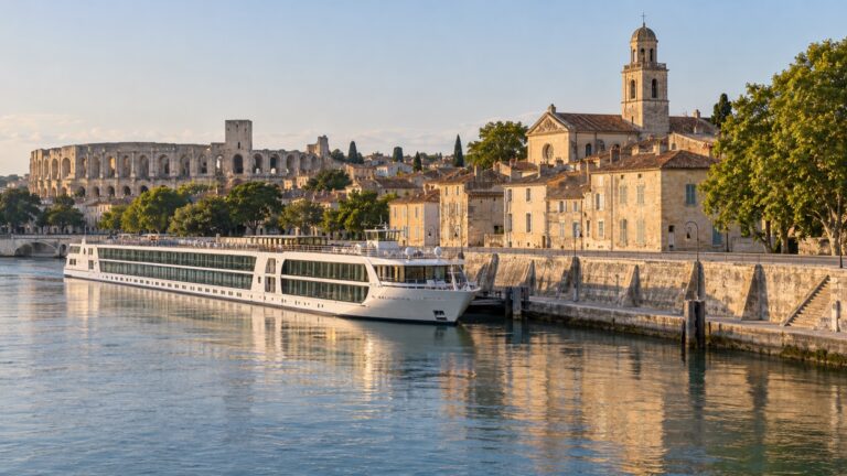 River cruise ship on the Rhône beside Arles' historic center