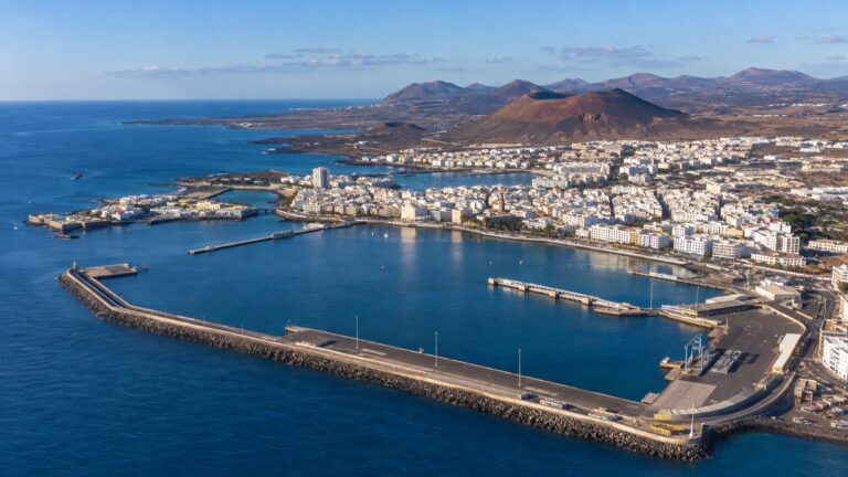 Aerial view of Arrecife cruise port and volcanic coastline