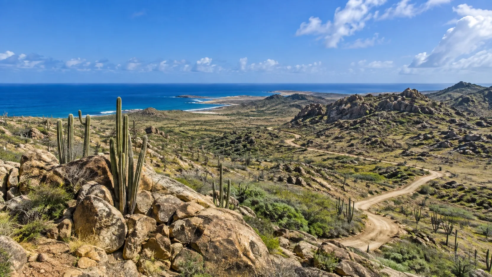 Cacti and rocky hills in Arikok National Park overlooking Aruba’s coast