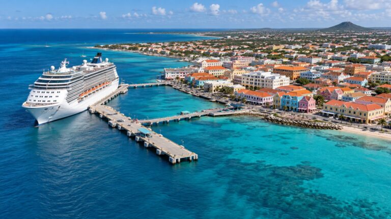 Cruise ship at the Oranjestad pier beside Aruba’s colorful downtown waterfront