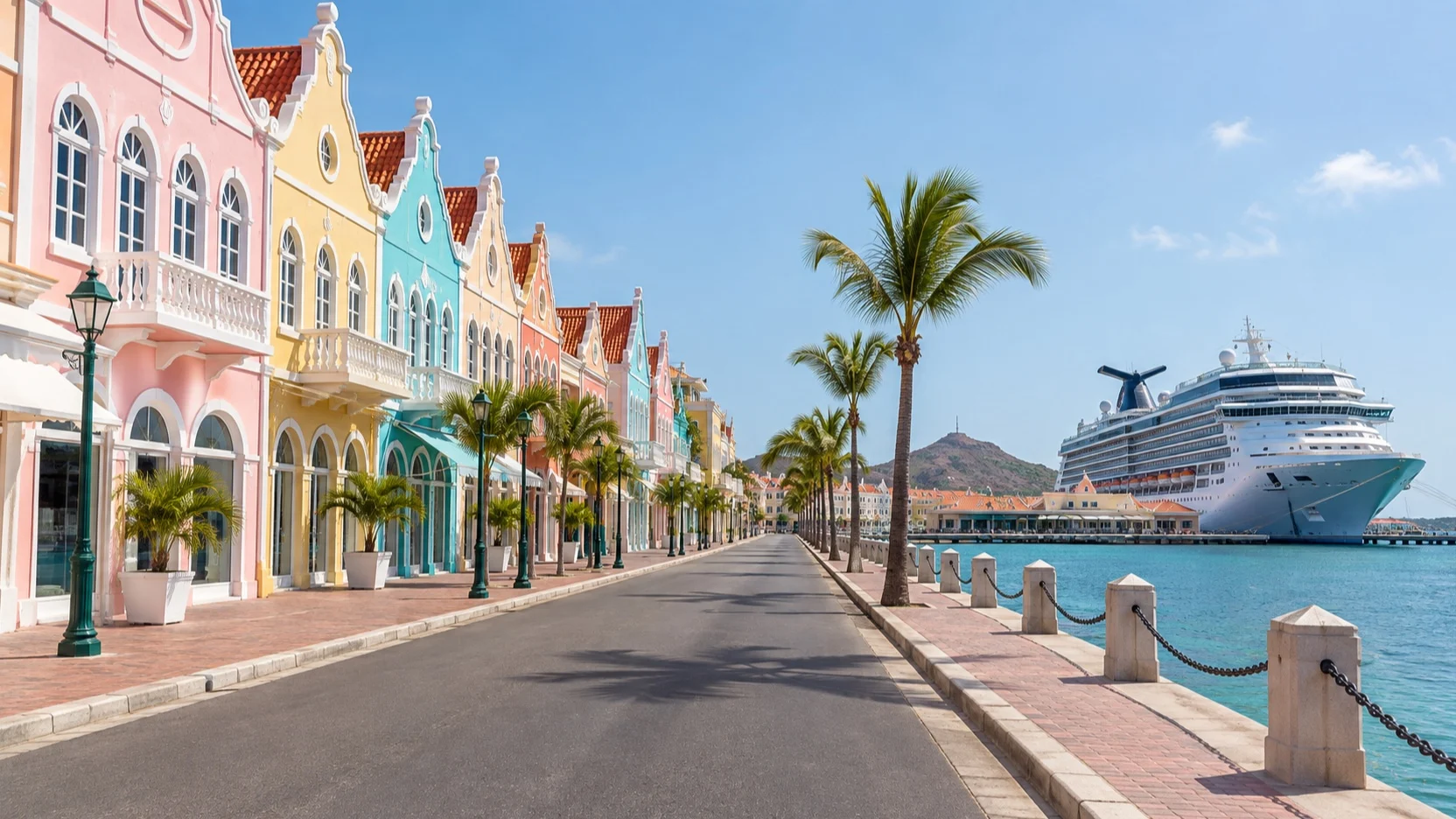 Pastel Dutch Caribbean buildings and cruise ship at Oranjestad, Aruba