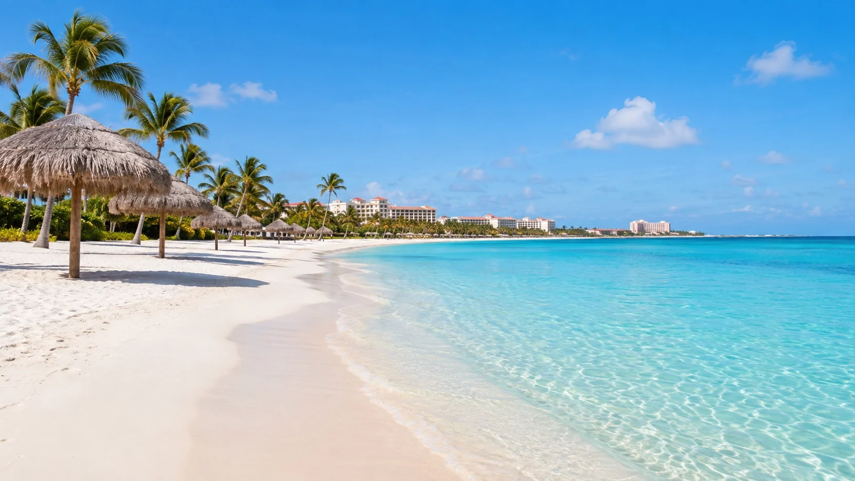 Empty white sand shore and turquoise water at Palm Beach in Aruba