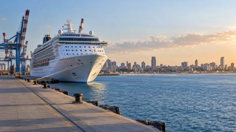 Cruise ship at Ashdod's Mediterranean port with city skyline