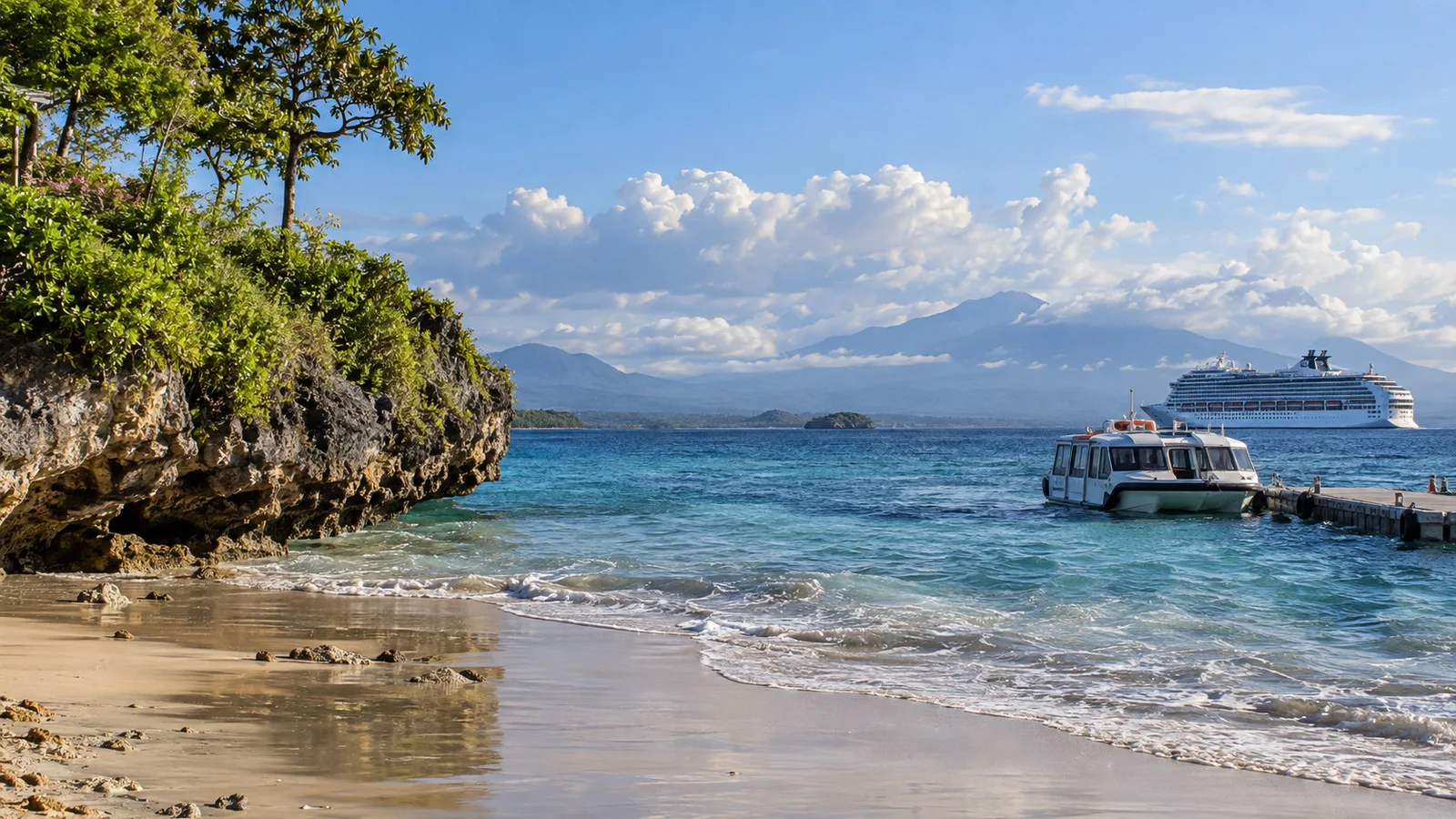 Calm sunny Bali coastline and cruise tender landing after a seasonal storm