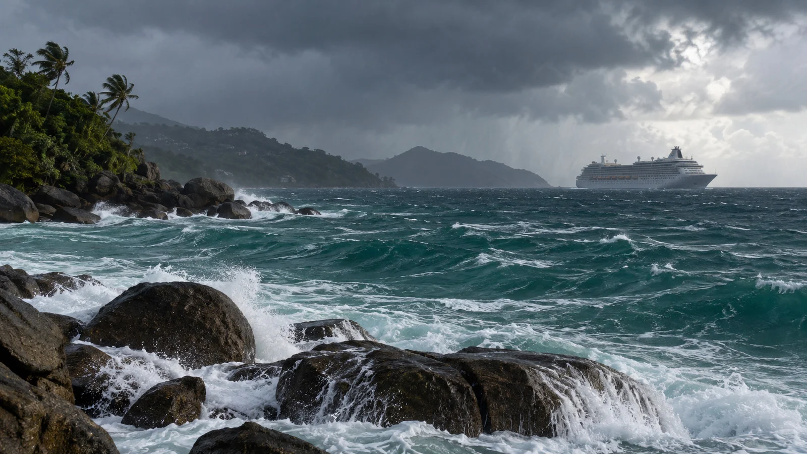 Rough monsoon seas off Phuket Thailand with cruise ship offshore
